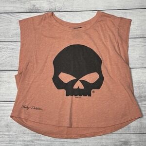 Harley Davidson Women's Peach Orange Black Skull Crop T-Shirt Medium